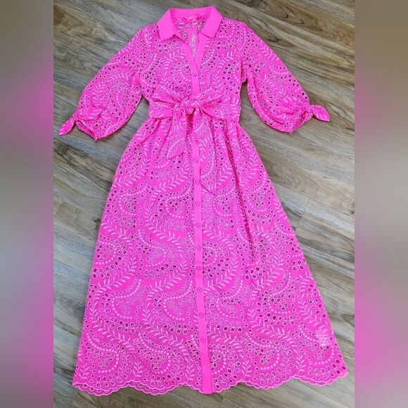 🩵NWT Lilly Pulitzer Pink Isle Amrita Swirly Fern Scalloped Eyelet Dress Size 2 - Picture 3 of 15